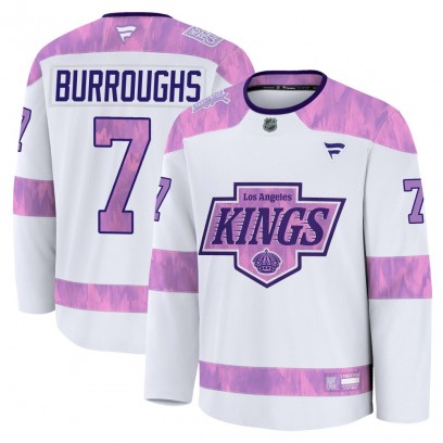 Men's Premium Los Angeles Kings Kyle Burroughs Fanatics 2024 Hockey Fights Cancer Practice Jersey - White