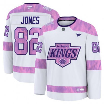 Men's Premium Los Angeles Kings Caleb Jones Fanatics 2024 Hockey Fights Cancer Practice Jersey - White