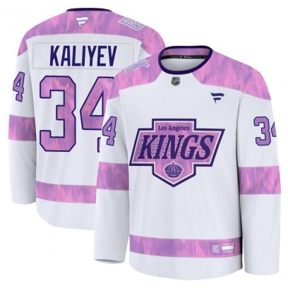 Men's Premium Los Angeles Kings Arthur Kaliyev Fanatics 2024 Hockey Fights Cancer Practice Jersey - White