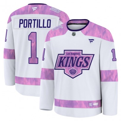 Men's Premium Los Angeles Kings Erik Portillo Fanatics 2024 Hockey Fights Cancer Practice Jersey - White