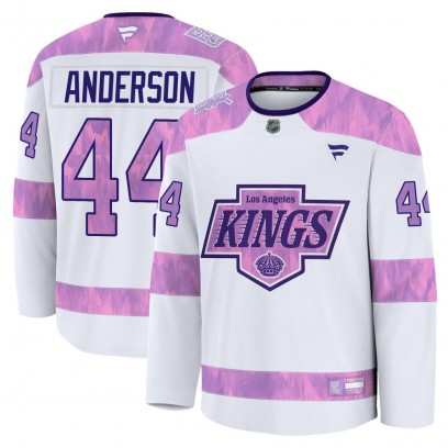 Youth Premium Los Angeles Kings Mikey Anderson Fanatics 2024 Hockey Fights Cancer Practice Jersey - White