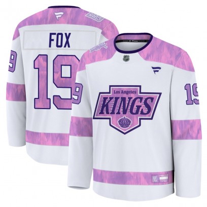 Youth Premium Los Angeles Kings Jim Fox Fanatics 2024 Hockey Fights Cancer Practice Jersey - White