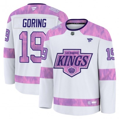 Youth Premium Los Angeles Kings Butch Goring Fanatics 2024 Hockey Fights Cancer Practice Jersey - White