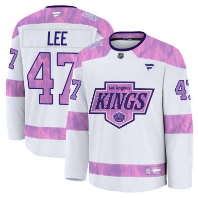 Youth Premium Los Angeles Kings Andre Lee Fanatics 2024 Hockey Fights Cancer Practice Jersey - White